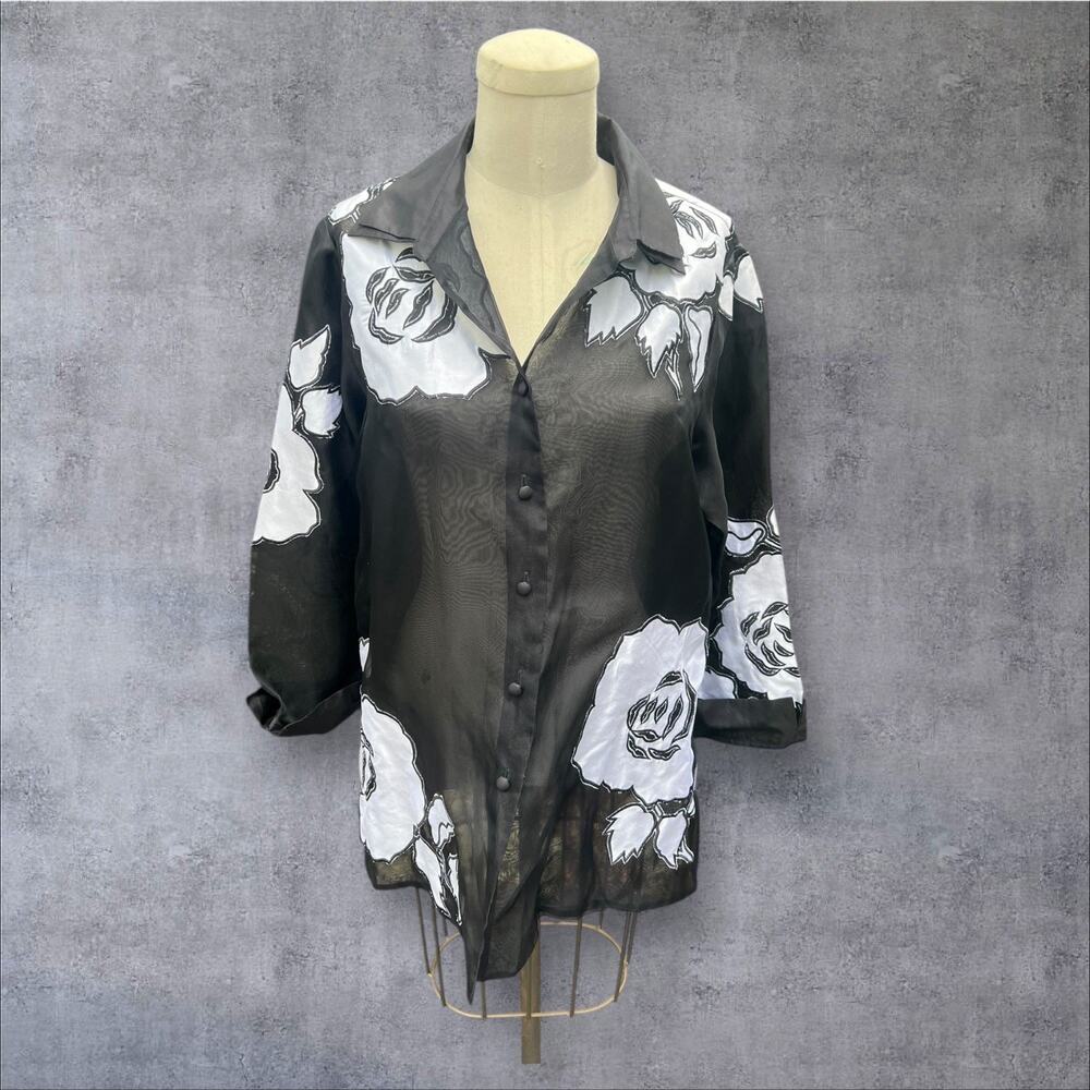 Marisa Baratelli Sheer Blouse Black White Flower‎ Bow Size 8 NEW